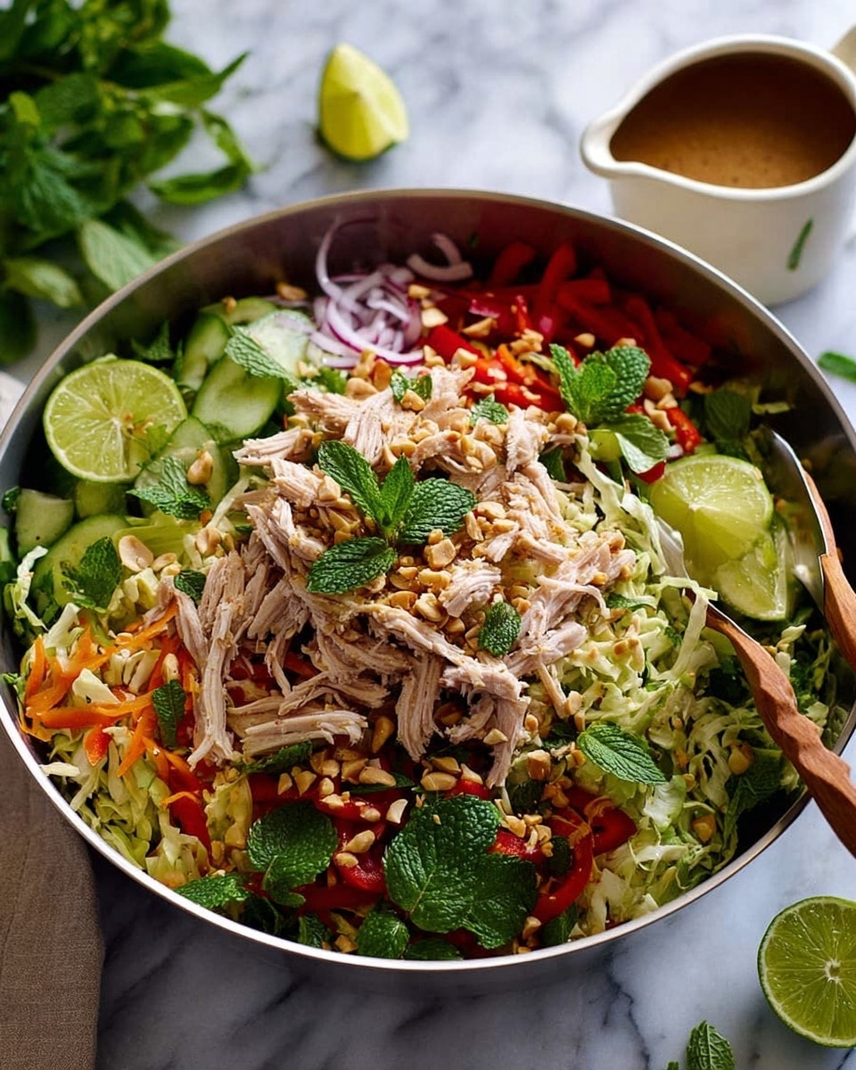 The image shows a close-up of a salad being dressed with a light brown sauce poured from a white container. The salad has multiple layers starting with a bed of green leafy herbs and sliced red chili peppers, topped with white sliced cooked chicken pieces scattered over. On the right side, there is a dense layer of small crunchy chopped nuts or similar topping. Thin rings of purple onion and lime wedges are visible in the background, all placed on a white marbled surface. The light brown sauce flows smoothly onto the chicken and nuts, adding a glossy texture. Photo taken with an iphone --ar 4:5 --v 7