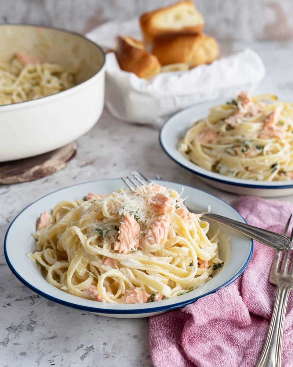 A white bowl with a blue rim holds a serving of creamy pasta with light pink chunks of salmon mixed throughout. The pasta strands are thick and coated evenly with a creamy white sauce, sprinkled lightly with small green herb pieces and grated cheese on top. Behind it, a second similar bowl with the same dish is visible with a silver fork resting on its edge. In the background, there is a white pot containing more pasta, along with two small pieces of golden-brown bread placed on a white napkin. A pink textured cloth is placed near the foreground next to a silver fork, all set on a white marbled surface. photo taken with an iphone --ar 4:5 --v 7