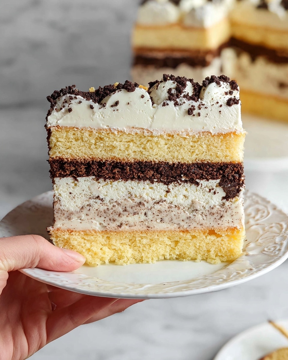 A slice of layered cake held by a woman’s hand on a white plate with delicate embossed patterns, set against a white marbled texture. The cake has five visible layers: the top layer is white creamy frosting sprinkled with dark chocolate crumbs, followed by a thick light yellow sponge cake layer. Below that is a thick white cream layer, then a thin dark chocolate layer with some crumbs, and another thick white cream layer speckled lightly with chocolate bits. The bottom layer is a light yellow sponge cake similar to the top. In the blurry background, there is a whole cake with the same layers. Photo taken with an iphone --ar 4:5 --v 7