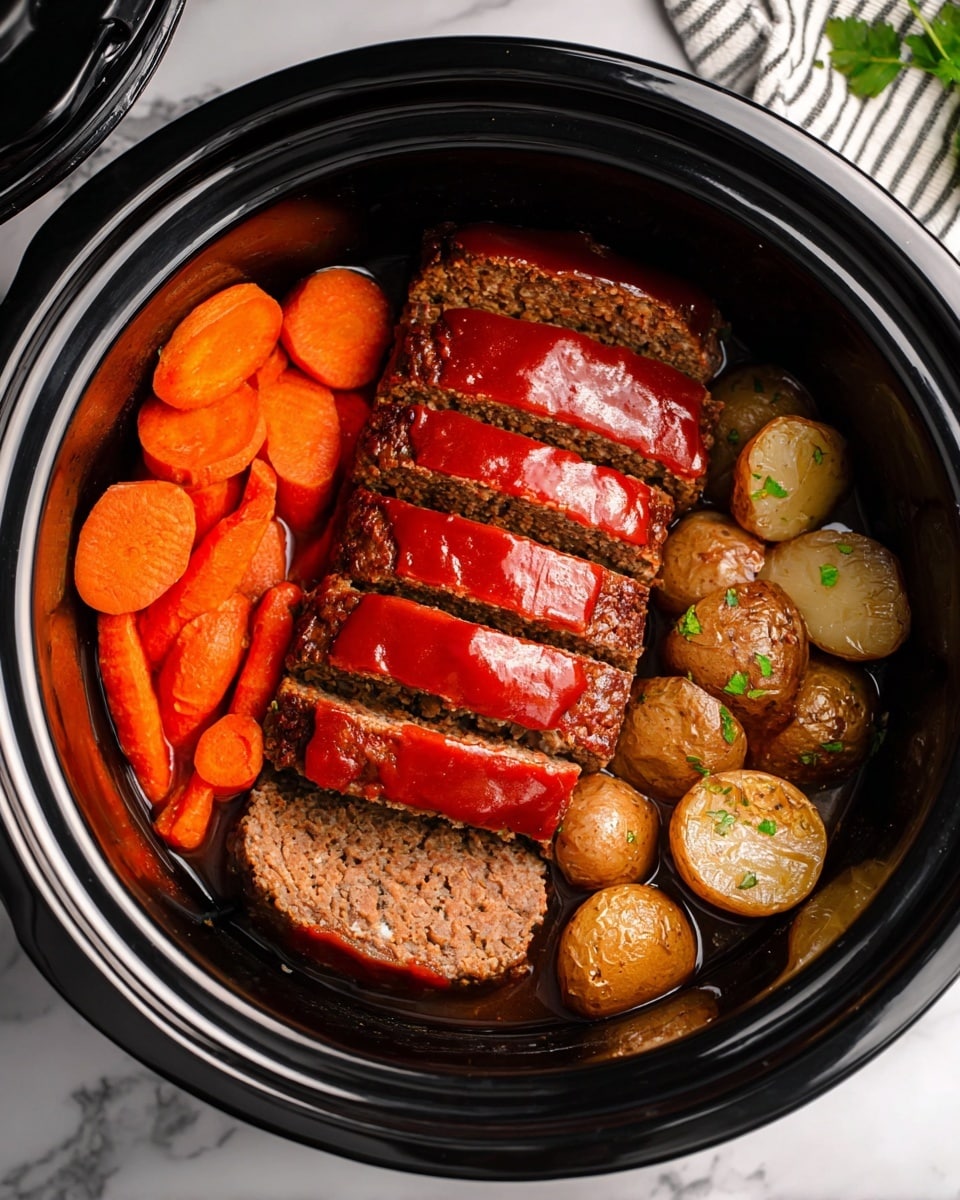 A close-up view inside a black slow cooker shows a meatloaf cut into five thick slices arranged in the center, each slice topped with a smooth, glossy red sauce. On the left side, there are several slices of bright orange cooked carrots with a soft texture. On the right side, small golden-brown roasted potatoes with slightly wrinkled skin and hints of green garnish are stacked together. The ingredients are surrounded by a dark, savory sauce coating the bottom of the cooker. The scene is set on a white marbled surface with a striped cloth partially visible in the corner. photo taken with an iphone --ar 4:5 --v 7