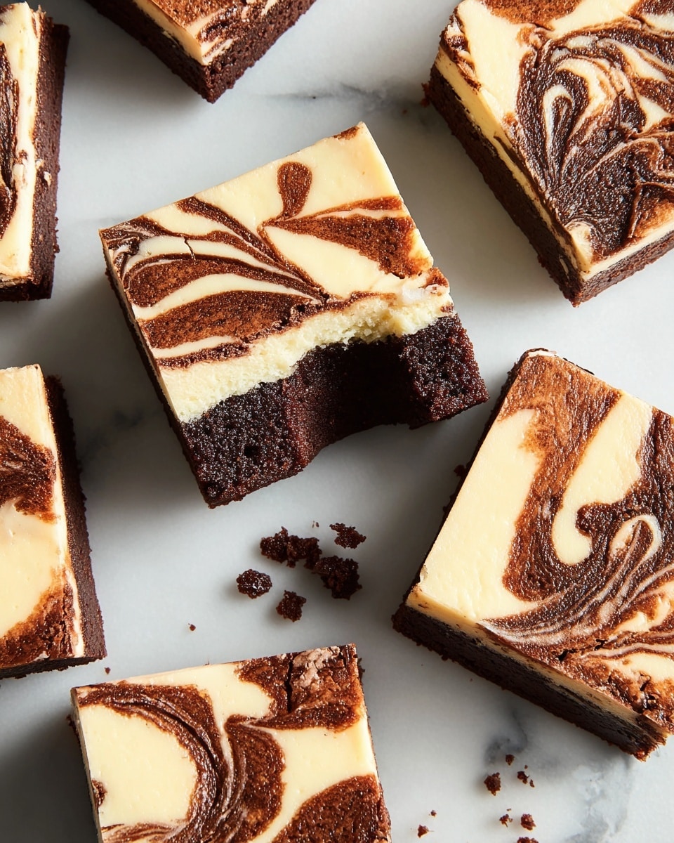 The image shows several square brownies arranged on a white marbled surface. Each brownie has two layers: a dense, dark brown chocolate base and a creamy, light beige cheesecake layer on top, decorated with swirling dark brown chocolate patterns. One brownie piece has a bite taken out, revealing the moist texture inside. Small crumbs are scattered around. The overall look is neat with clean edges on each square. photo taken with an iphone --ar 4:5 --v 7