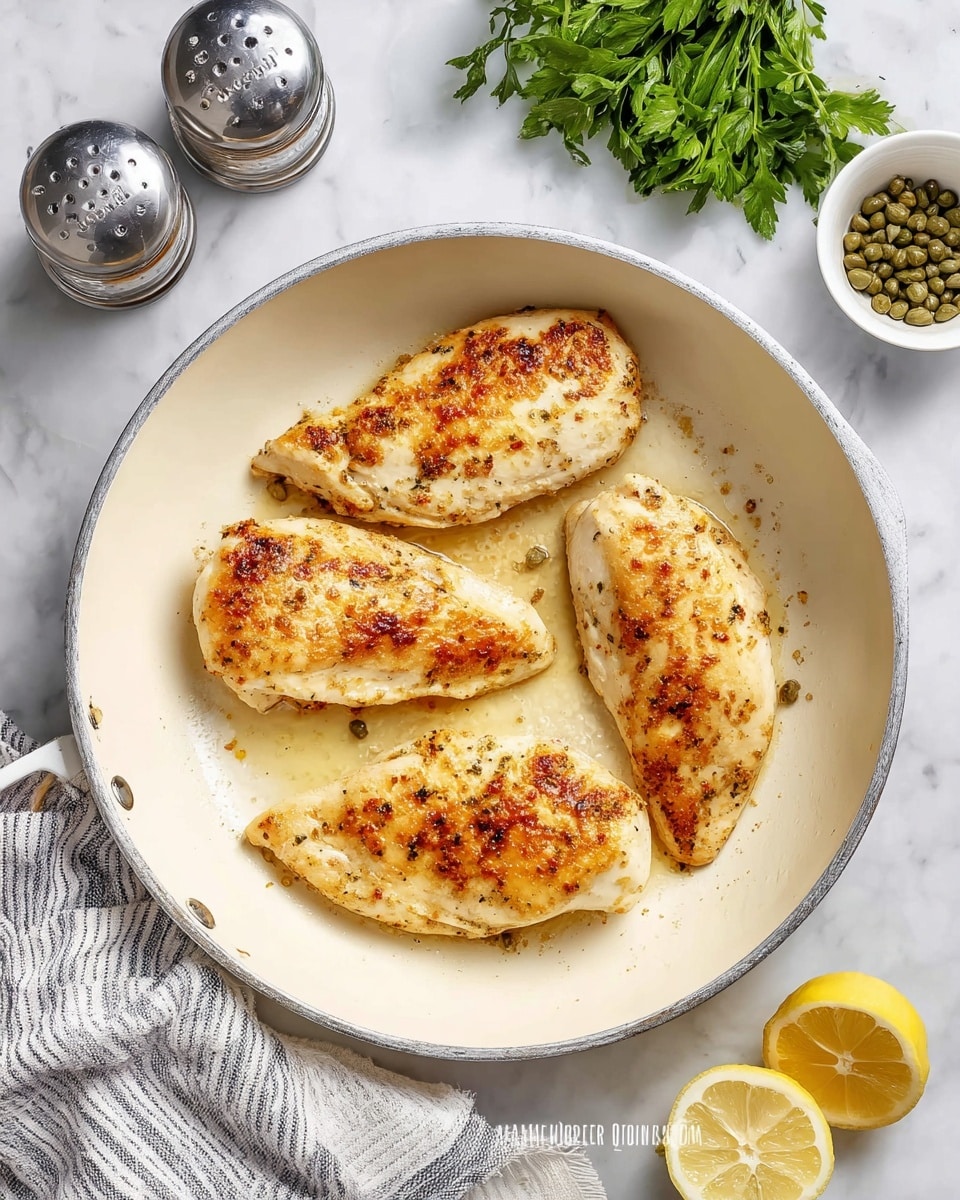 The image shows a white pan with four cooked chicken breasts inside, each with a golden-brown crust on top, indicating a light sear. The chicken pieces are arranged in a loose cluster, their colors ranging from light cream to darker golden areas with a slightly crispy texture. Around the pan, on a white marbled surface, there are pepper and salt shakers at the top, a green bunch of herbs in the top right, a white bowl with small green capers below the pan, and two lemon halves placed near the bottom right. A striped towel is partially visible on the left side. Photo taken with an iphone --ar 4:5 --v 7