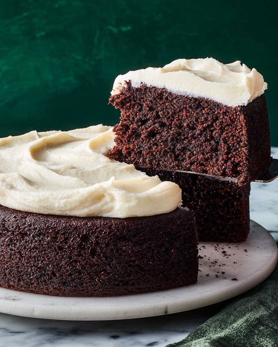 A thick, moist dark brown chocolate cake with one slice being lifted above the cake. The cake has one visible layer of creamy white frosting spread unevenly on top, with the slice showing a dense, crumbly texture. The cake sits on a white plate, all placed on a white marbled surface, with a dark greenish background. Photo taken with an iphone --ar 4:5 --v 7
