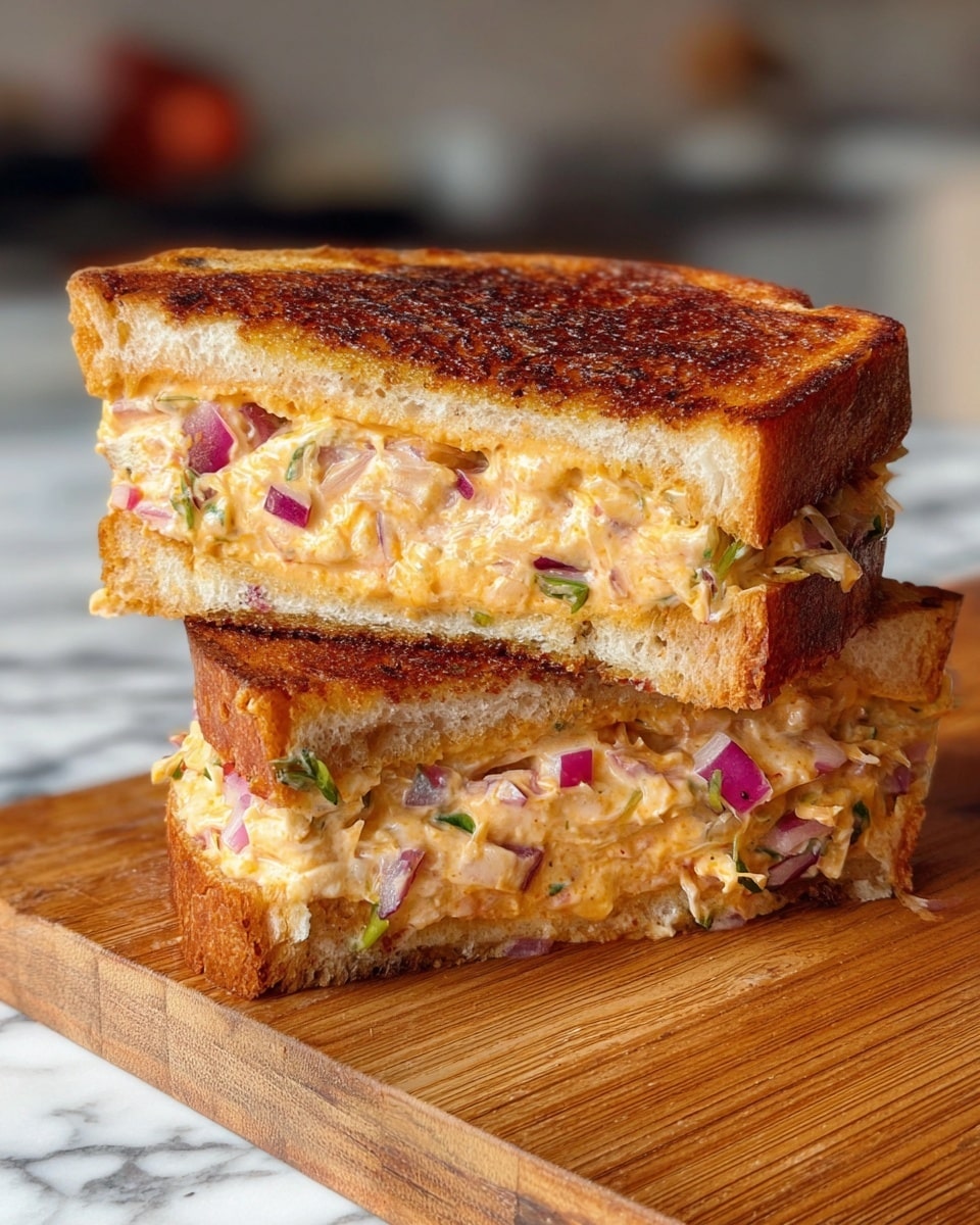 A close-up of a sandwich held by a woman's hand showing two layers of toasted bread with a golden-brown crust. The top layer is soft and light-colored, while the bottom layer is thicker with a rough texture. Between the bread layers, there is a thick creamy filling mixed with visible small pieces of red onion and green herbs, and a pale yellow slice of cheese above the filling. The sandwich is held in front of a blurred background of a woman with a gray top, with the sandwich in sharp focus. Below the sandwich on a wooden cutting board, there is another sandwich and some filling spilled around. Photo taken with an iphone --ar 4:5 --v 7