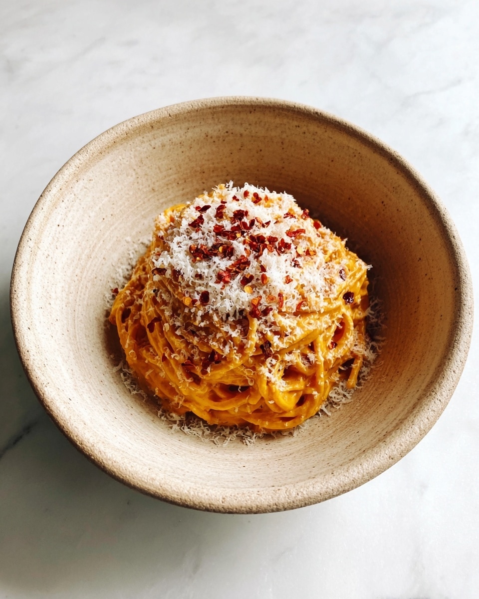 A textured, thick beige bowl holds a single serving of creamy, orange-colored spaghetti piled in the center; the pasta is covered with a generous topping of finely grated white cheese and sprinkled with small red chili flakes, creating a contrast of white and red against the orange sauce. The dish sits on a smooth white marbled surface. photo taken with an iphone --ar 4:5 --v 7