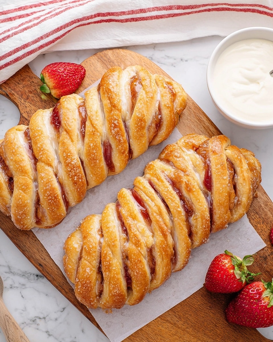 Two golden brown braided pastries with a shiny, sugary glaze sit on white parchment paper on a wooden board with a white marbled texture. Each braid has about 12 to 15 twisted layers, showing soft dough intertwined with a creamy white filling and a red jam-like layer inside. Nearby, two fresh red strawberries add a pop of color, while a white bowl filled with a smooth white cream is placed above the pastries. A white and red striped cloth is partially visible at the top left corner. photo taken with an iphone --ar 4:5 --v 7