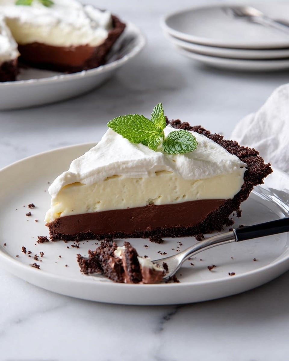 A slice of pie with three layers is shown on a white plate set on a white marbled surface. The bottom layer is dark brown and crumbly crust, the middle layer is thick and creamy light beige filling, and the top layer is a smooth, dark chocolate ganache. Above the ganache is a thick layer of white whipped cream, topped with a small green mint leaf. A silver fork with a black handle rests on the plate, holding a piece of the pie showing all layers. Crumbs are scattered around the slice. Another plate with more pie is partly visible in the background. photo taken with an iphone --ar 4:5 --v 7