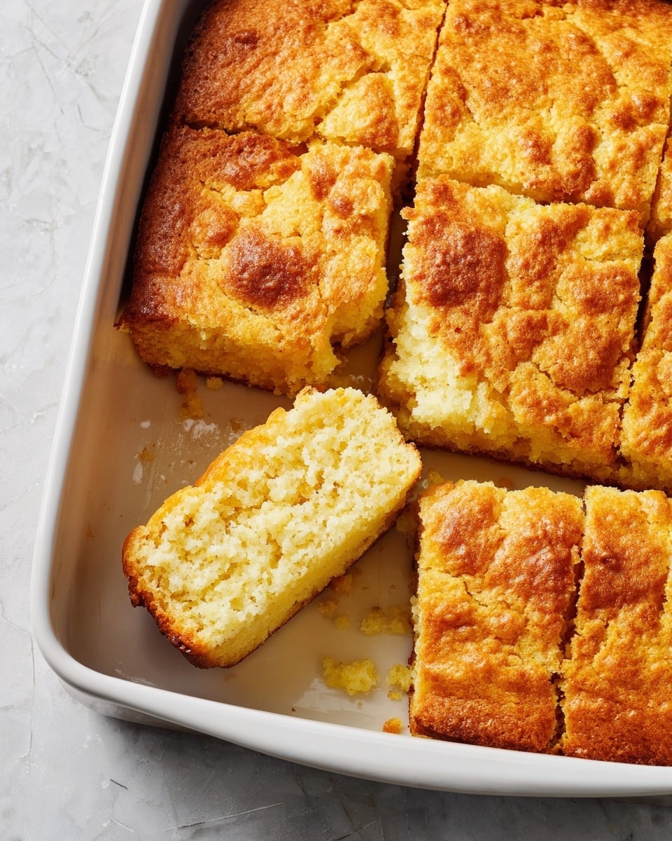 A white baking dish holds six square pieces of golden brown cornbread with a rough, crumbly texture on top. One piece is removed and turned slightly, showing a soft, pale yellow inner layer with a dense, moist crumb. The surface of the cornbread is uneven with darker brown spots and crispy edges. The dish sits on a white marbled textured surface. photo taken with an iphone --ar 4:5 --v 7