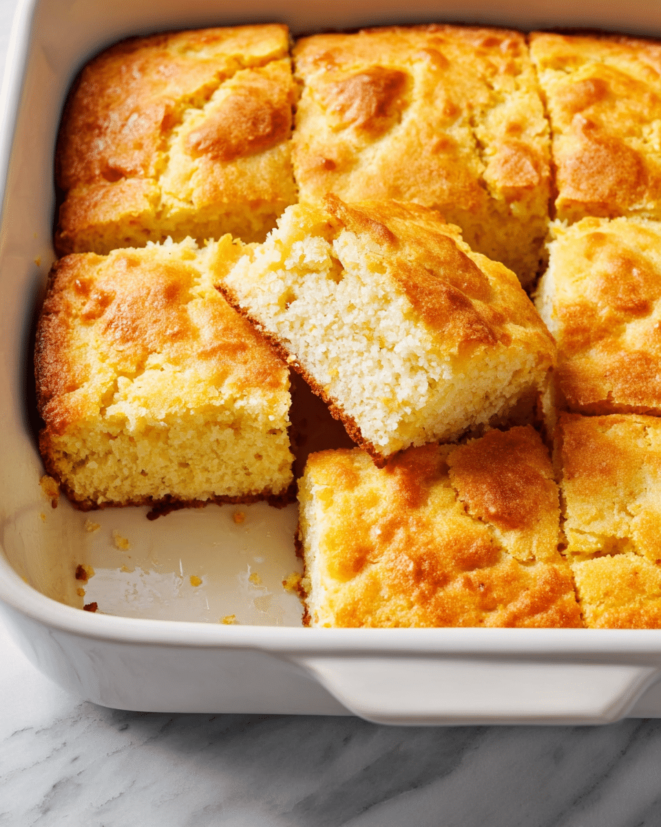 The image shows a white ceramic baking dish filled with six square pieces of golden brown cornbread, with one piece slightly lifted and separated to show its soft, moist, and crumbly white interior. The cornbread has a textured surface with uneven golden patches, and the edges are slightly crisp and browned. The baking dish is set on a white marbled surface that contrasts with the warm tones of the bread. photo taken with an iphone --ar 4:5 --v 7