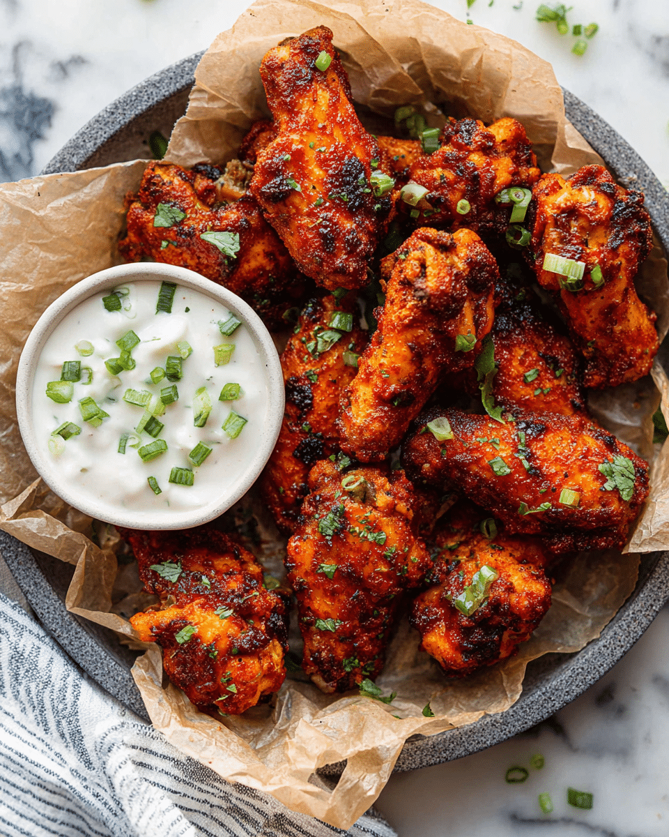 A plate lined with crumpled light brown parchment paper holds around ten spicy chicken wings, each covered in a reddish-orange crispy coating with charred spots and garnished with small pieces of green herbs and sliced green onions. On the left side of the plate, a small white bowl is filled with creamy white dipping sauce topped with finely chopped green onions. The plate rests on a white marbled surface, and a white and blue striped cloth is partly visible at the bottom left corner. Photo taken with an iphone --ar 4:5 --v 7
