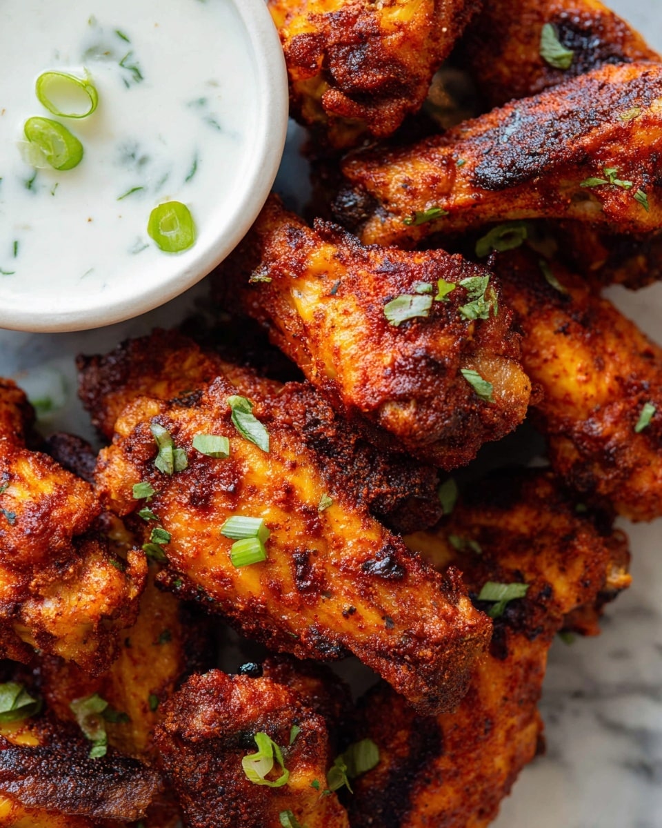 The image shows a close-up of about ten crispy, golden-brown chicken wings layered closely together, each wing coated with a slightly charred, textured dry rub that gives a deep reddish-brown color with some darker spots. Small green sliced scallions and tiny bits of chopped green herbs are scattered evenly over the wings, adding fresh green specks throughout. On the left side, a white bowl filled with smooth, creamy white dipping sauce is partially visible, garnished with a few scallion slices floating on top. The dish is set on a white marbled textured surface. photo taken with an iphone --ar 4:5 --v 7