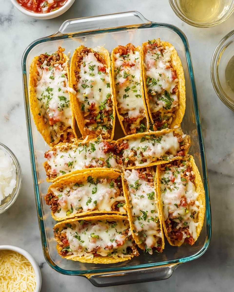 A rectangular clear glass dish holds eight baked taco shells standing upright in two rows. Each taco shell is yellow and crunchy, filled with a mix of cooked ingredients topped with melted white cheese that looks gooey and slightly browned in spots. Small green herb pieces are scattered on top of each taco's cheese layer. The dish is placed on a white marbled surface with a few small white bowls and other items partially visible around it. photo taken with an iphone --ar 4:5 --v 7