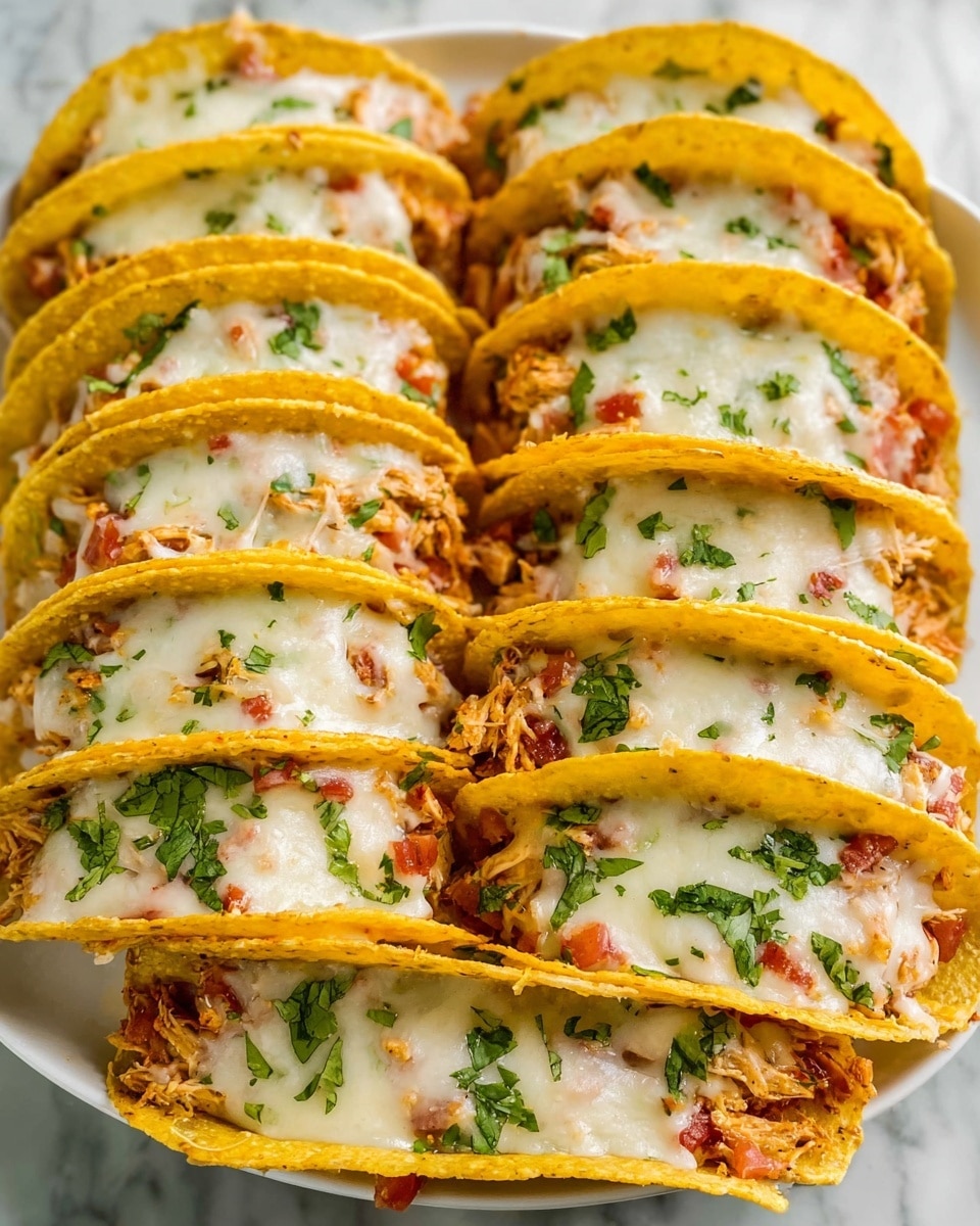 A white plate filled with eleven crispy yellow taco shells, each standing upright and layered with shredded chicken and small chunks of red tomato, topped with a generous layer of melted white cheese covering the chicken evenly. Each taco is garnished with small green cilantro leaves scattered across the cheese, adding a fresh touch. The tacos are tightly packed in neat rows on a white marbled surface, showing a warm, cheesy, and vibrant meal ready to be served. photo taken with an iphone --ar 4:5 --v 7