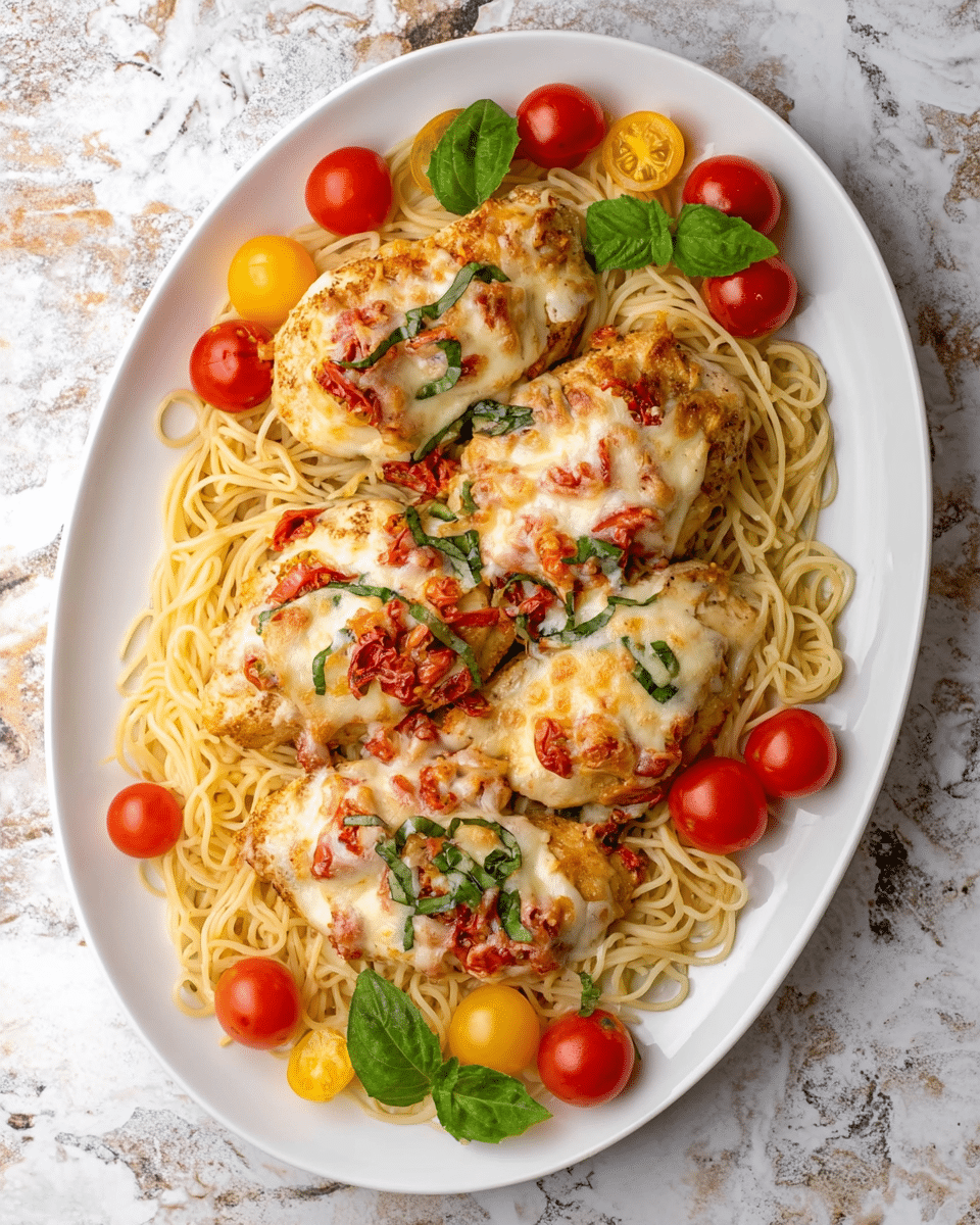 A white oval plate holds a nest of light yellow spaghetti as the base layer, arranged in loose coils covering the plate. On top, four pieces of chicken breasts are placed, each covered with a layer of melted, golden-brown cheese mixed with small red tomato pieces, creating a textured and slightly crispy surface. Scattered around the chicken are fresh basil leaves and slices of red and yellow cherry tomatoes, adding bright green and vibrant red and yellow colors to the dish. The plate is set on a white marbled surface, giving a clean and bright background. Photo taken with an iphone --ar 4:5 --v 7