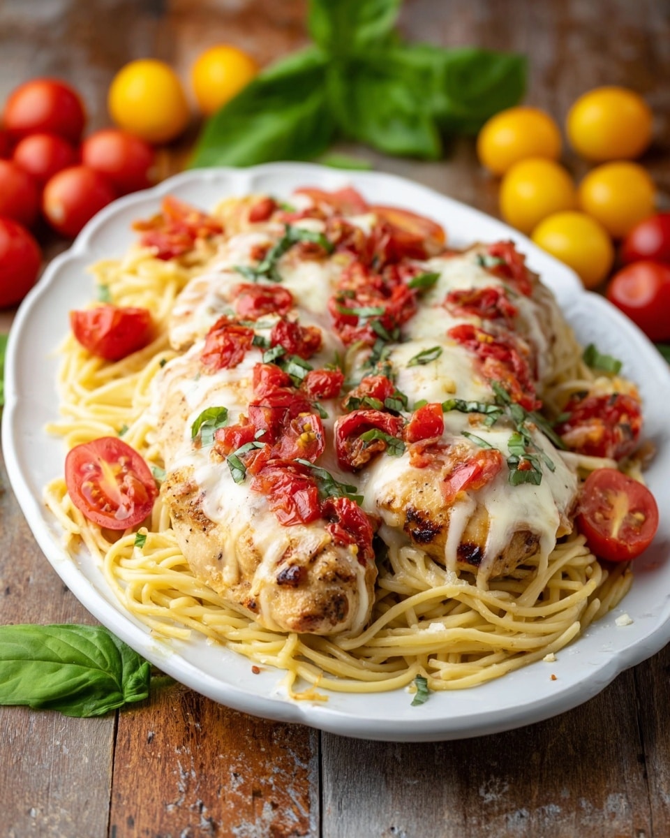 A white oval plate holds a bed of light yellow spaghetti noodles as the bottom layer, topped with four pieces of cooked chicken breasts covered in a layer of melted white cheese and bright red diced tomatoes. Fresh green basil leaves and halved cherry tomatoes are scattered on and around the chicken for garnish. The plate sits on a wooden surface with yellow and red cherry tomatoes and green basil leaves placed nearby. Photo taken with an iphone --ar 4:5 --v 7