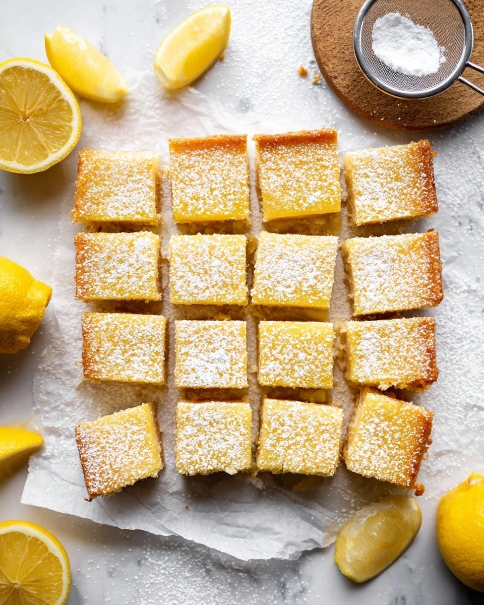 A set of sixteen square lemon bars arranged in a 4 by 4 grid on white parchment paper, each with a golden crust bottom layer and a soft yellow lemon filling layer on top, all dusted with a fine layer of powdered sugar giving a light white coating. The edges of the lemon bars are slightly browned and crisp. Around the lemon bars, there are halved and squeezed lemons scattered on a white marbled surface. A fine mesh sieve with powdered sugar sits on a small round wooden base near the top right. The image has bright and clean lighting, highlighting the texture of the lemon bars and the powdered sugar. photo taken with an iphone --ar 4:5 --v 7
