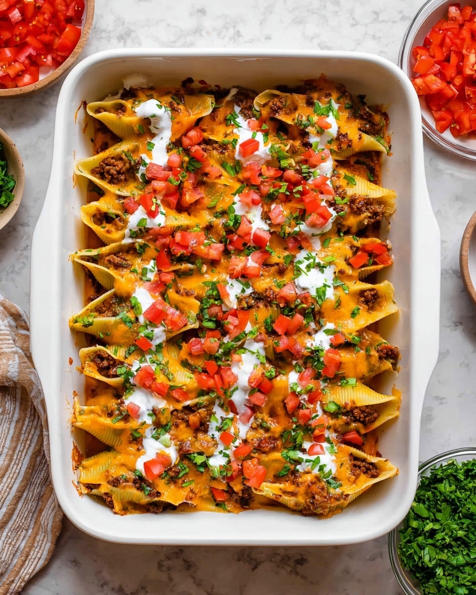 A white rectangular baking dish filled with large pasta shells stuffed with a brown meat filling, layered evenly to cover the bottom. Each shell is topped with melted orange cheddar cheese that stretches across the shells, with white sour cream dollops scattered on top. Bright red diced tomatoes and finely chopped green onions are sprinkled over the dish, adding fresh color and texture. The background is a white marbled surface with bowls of chopped greens and tomatoes around the dish, creating a fresh and inviting look. photo taken with an iphone --ar 4:5 --v 7