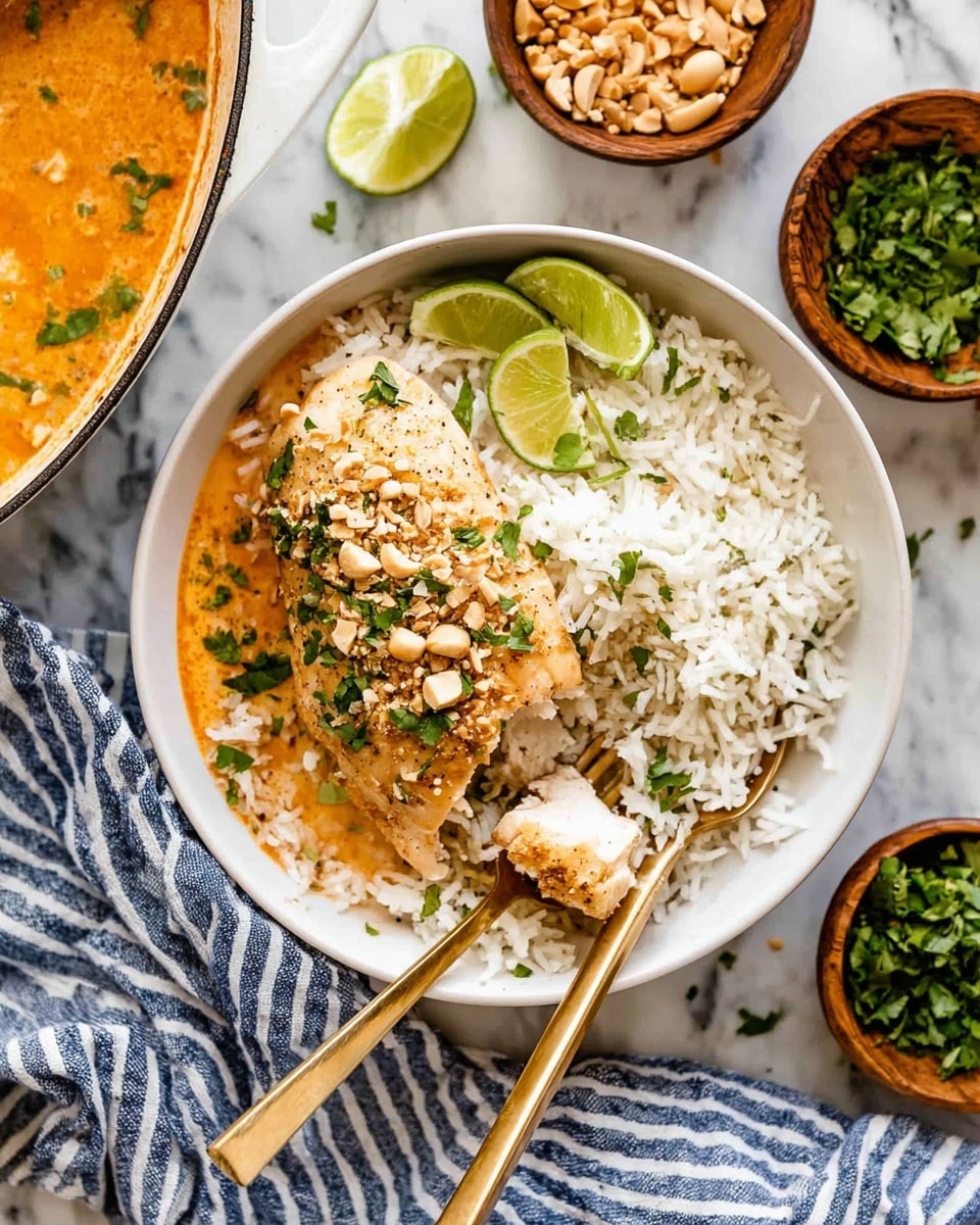 A white bowl holds a dish with two main layers: the bottom layer is fluffy white rice mixed with bits of chopped herbs, and the top layer is a piece of cooked chicken breast covered in a light orange sauce with green herbs and sprinkled chopped nuts. Two thin lime slices rest on the rice behind the chicken. A gold fork and knife sit inside the bowl, with the fork cutting a small piece of the chicken. Surrounding the bowl are small wooden bowls with lime wedges, chopped herbs, and crushed nuts, and a white pan with more of the orange sauce is partially visible on the left, all on a white marbled surface. A blue and white striped cloth is folded near the bowl. Photo taken with an iphone --ar 4:5 --v 7