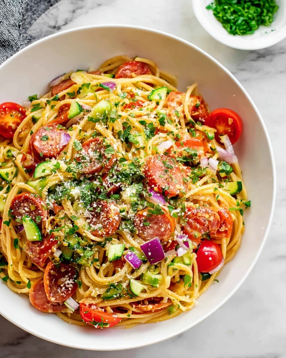 A white bowl filled with a colorful pasta salad made of long yellow spaghetti noodles as the base layer, mixed with bright red cherry tomatoes cut in half, small cubes of light orange cheese, and thin slices of purple-red onion spread evenly throughout. Green pieces of diced cucumber and bell pepper add fresh color, while small bits of dark green parsley are sprinkled on top. Thin slices of reddish-brown sausages or pepperoni are mixed in, and a final light dusting of grated pale Parmesan cheese covers the whole dish. The bowl rests on a white marbled surface, and in the background, there is a small white bowl with chopped green herbs. photo taken with an iphone --ar 4:5 --v 7