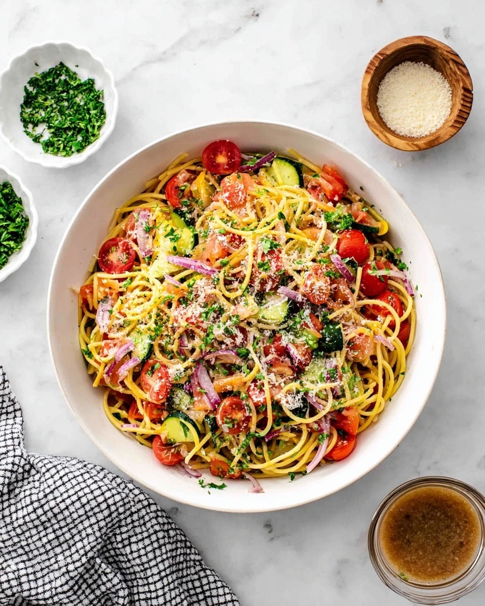 A white bowl filled with a colorful pasta salad sitting on a white marbled surface, the salad layered with yellow spaghetti as the base, mixed with bright red cherry tomatoes, green chopped cucumber pieces, thin slices of purple onion, and chunks of light orange cheese. There are bits of green parsley sprinkled on top along with grated white cheese lightly dusted over the entire dish. Around the bowl are small white dishes, one with extra chopped green herbs, a wooden container with grated cheese, and a clear glass container holding brownish dressing, all set against the white marbled background. A black-and-white checkered cloth is partially visible beside the bowl. photo taken with an iphone --ar 4:5 --v 7