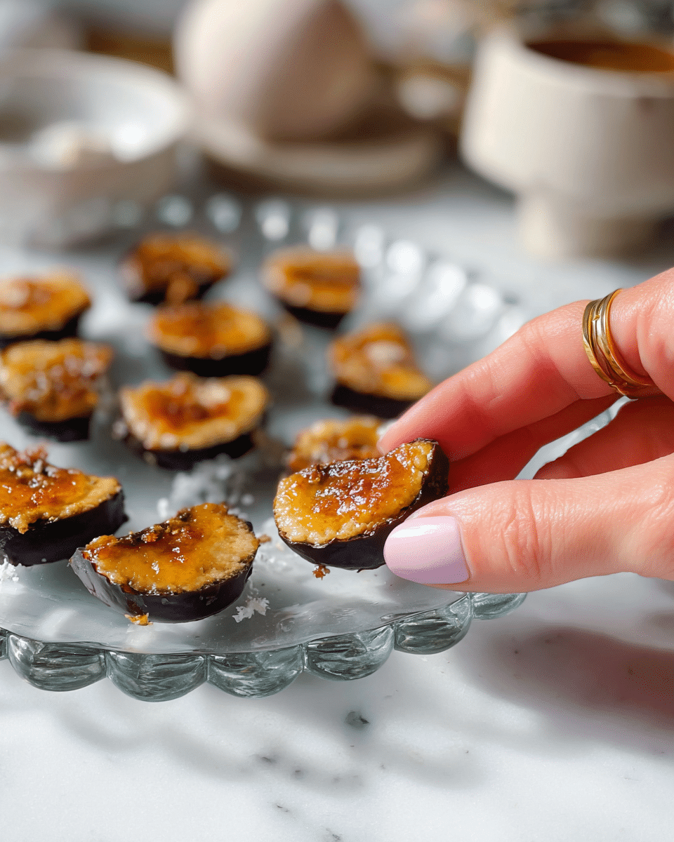 A close-up view of small half-moon-shaped snacks arranged on a clear glass plate with a wavy edge, placed on a white marbled surface. Each snack has a dark outer shell and a thick top layer of golden-brown, caramelized crust with a slightly glossy texture, showing small melted bits that add a crispy look. A woman's hand with a light pink nail polish and a thin gold ring gently holds one of these snacks in the foreground. In the background, some out-of-focus neutral-toned objects and a small white bowl are visible. photo taken with an iphone --ar 4:5 --v 7