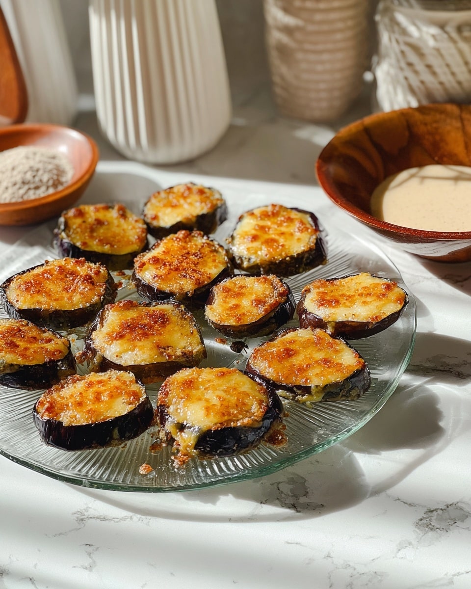 The image shows a clear glass plate holding twelve toasted slices of dark purple eggplant, each topped with a golden-brown, glossy layer of melted cheese that has a slightly bubbly and crisp texture. The eggplant slices vary in size and are laid out spread apart on the plate, which sits on a white marbled surface. In the background, there are blurred elements including a small white dish with a textured powder, a white ceramic vessel with vertical ridges, and a brown wooden bowl with a cream-colored liquid inside. The overall setting is bright with natural light casting soft shadows. photo taken with an iphone --ar 4:5 --v 7