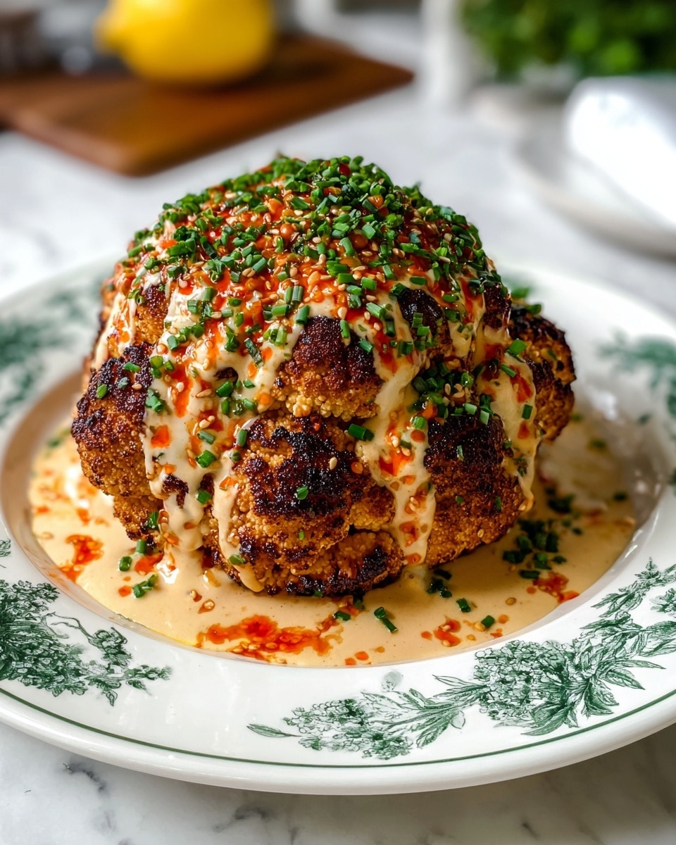 A whole roasted cauliflower sits in the center of a white plate with a green floral pattern, showing a rich golden-brown charred texture on its edges and base. It is generously covered with a creamy light tan sauce that drips slightly onto the plate below. On top, there is a vibrant layer of red-orange chili oil infused with sesame seeds, and finely chopped green chives sprinkle all over the cauliflower, adding bright green bits. The plate rests on a white marbled surface with blurred background elements including a lemon half and greens. Photo taken with an iphone --ar 4:5 --v 7