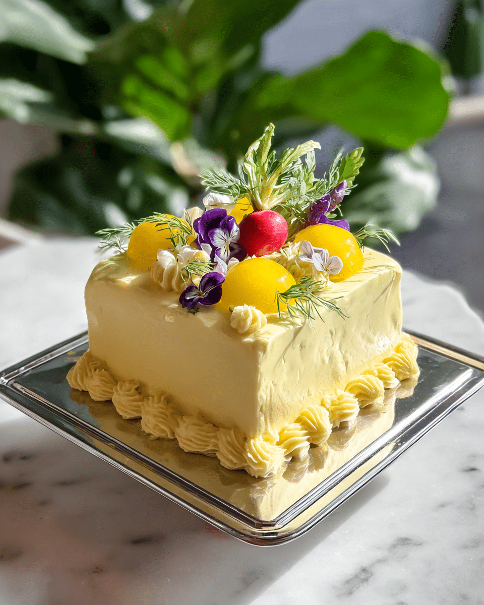 A square-shaped cake with smooth pale yellow frosting covers the whole cake in one layer. The bottom edge of the cake is decorated with small, soft, swirled rosettes in the same yellow color. On the top, there are several bright yellow round flower buds, delicate light green sprigs, and a purple flower with white edges, adding a fresh and natural look. A small red radish with green leaves sits among the flowers on top, creating a colorful contrast. The cake is presented on a shiny silver square stand placed on a white marbled surface, with a green leafy plant blurred in the background. photo taken with an iphone --ar 4:5 --v 7