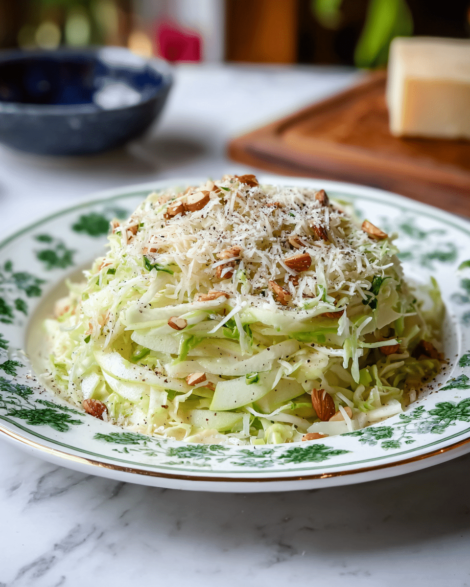 A pile of shredded salad sits on a white plate with green floral patterns, featuring three main layers: the bottom layer is thinly sliced pale green cabbage, the middle layer has light green thin apple slices mixed with some leafy herbs, and the top layer is covered with finely grated white cheese, small brown almond slivers, and a light sprinkling of black pepper. The plate is placed on a white marbled texture surface, with a blurred wooden cheese board and a small dark blue bowl in the background. Photo taken with an iphone --ar 4:5 --v 7
