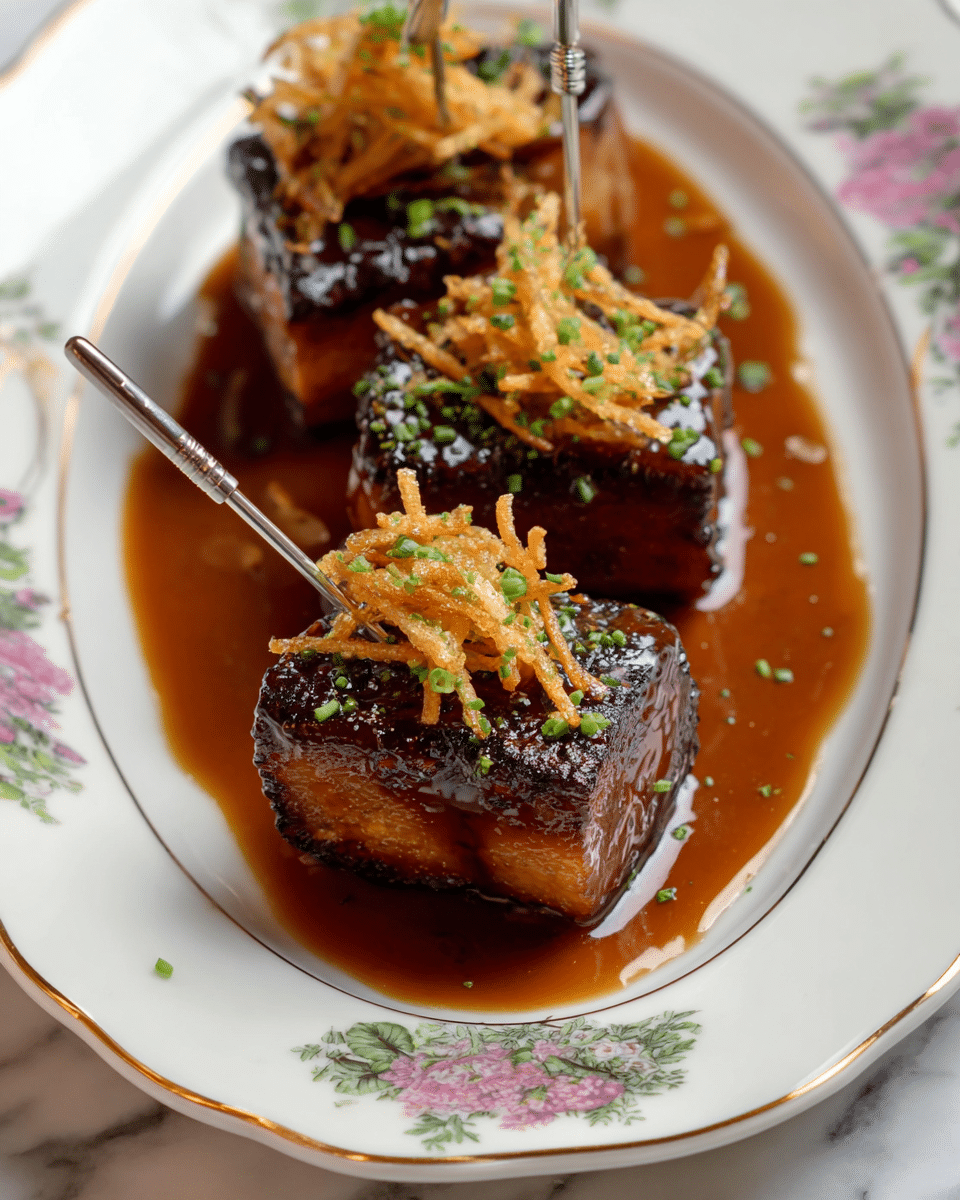 The image shows three thick square pieces of dark glazed meat with crispy golden fried thin potato strips placed on top. Each piece of meat is pierced with a small metal skewer and is sitting in a shallow pool of rich brown sauce that has a shiny, smooth texture. The meat pieces have a slightly charred and caramelized surface with a hint of green finely chopped herbs sprinkled over them. They are arranged on a white plate with delicate floral patterns around the edges, which has a thin golden border. The whole scene is set on a white marbled textured surface. photo taken with an iphone --ar 4:5 --v 7