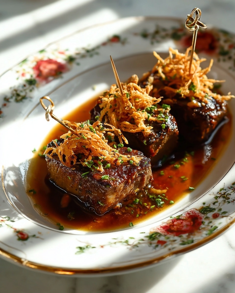 A close-up view of three thick, dark grilled meat cubes skewered on small metal picks, each topped with a small pile of crispy, golden-brown thin fried strips and sprinkled with chopped green herbs. The meat sits in a rich, shiny brown sauce that pools at the bottom of a white plate with a floral and gold patterned rim. The plate rests on a white marbled surface with natural sunlight creating soft shadows and highlights across the scene. photo taken with an iphone --ar 4:5 --v 7