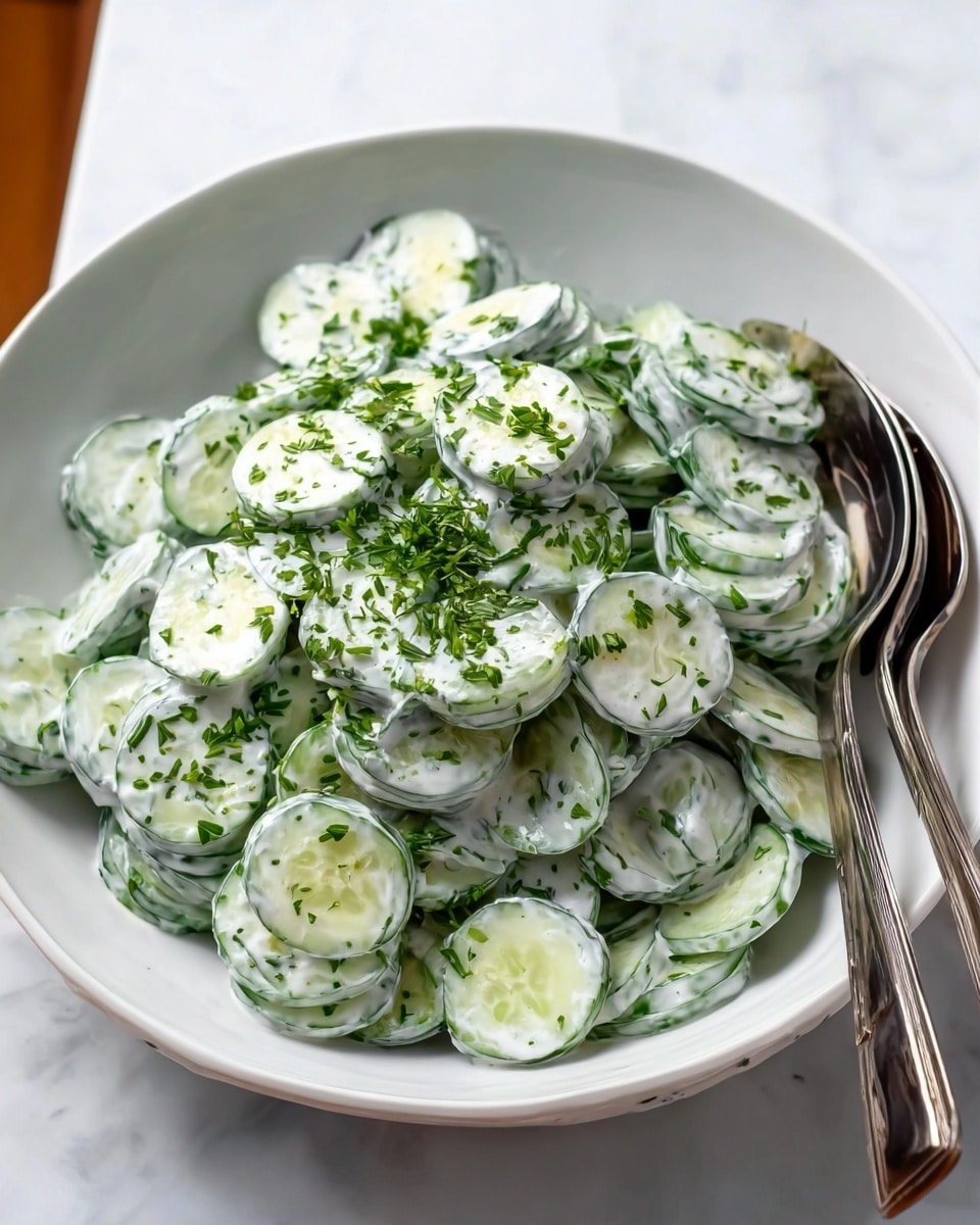 A white bowl filled with many thinly sliced cucumber rounds, each coated in a creamy white dressing with small green herbs mixed throughout. The cucumbers are piled high, topped with finely chopped fresh green herbs scattered evenly over the salad. On the side of the bowl, two silver serving spoons rest, and the bowl is set on a white marbled surface. photo taken with an iphone --ar 4:5 --v 7