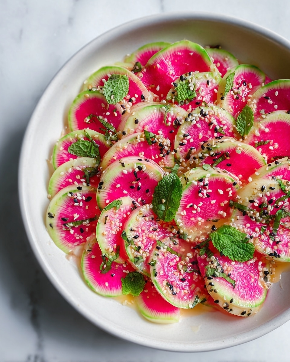 Thin slices of pink radish with green edges are rolled and arranged in a circular pattern inside a white bowl. The radish slices are topped with a light dressing that has a slightly shiny texture, sprinkled with white and black sesame seeds, and finely chopped green herbs. Small green mint leaves are scattered on top, adding color contrast. The bowl rests on a white marbled surface. photo taken with an iphone --ar 4:5 --v 7