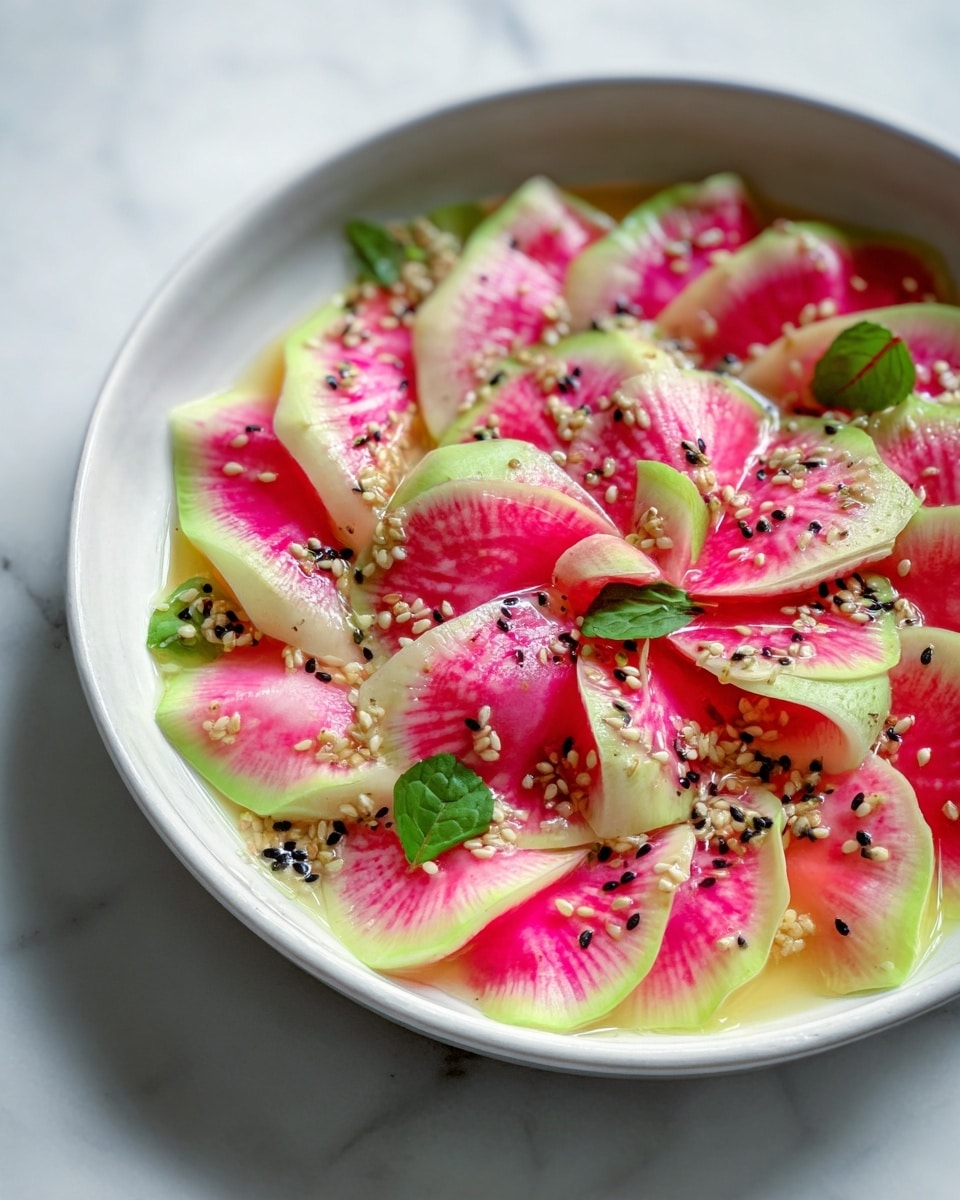Thin, curved slices of pink and light green watermelon radish are arranged in a circular pattern inside a white bowl, creating one layered flower-like shape. The radish slices have a smooth texture with a gradient from bright pink in the center to pale green edges. Scattered throughout the radish are small black and white sesame seeds sprinkled on top, adding little dots of contrast. Small green leaves are placed sporadically among the radish slices, giving fresh color pops. A clear glossy dressing lightly coats the radish, reflecting light softly. The bowl rests on a white marbled surface. photo taken with an iphone --ar 4:5 --v 7