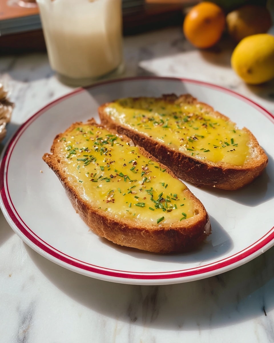 Two slices of toasted bread with a golden yellow melted cheese layer on top, sprinkled with green herbs and small black pepper bits. The toast has a crisp brown edge and soft inner texture. They are placed side by side on a white plate with two thin red rings around the edge. The plate is set on a white marbled surface with blurred background objects including a white candle and some citrus fruit. The lighting is natural, casting soft shadows. photo taken with an iphone --ar 4:5 --v 7
