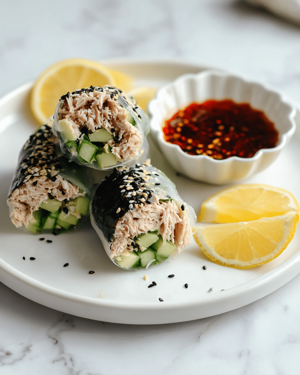 The image shows three pieces of fresh spring rolls cut in half and arranged on a white plate. Each roll has three visible layers: the outer translucent rice paper wrapped around a black seaweed layer, then a mix of shredded light beige tuna and small green cucumber chunks inside. The rolls are sprinkled with black and white sesame seeds on top. On the right side of the plate is a small white scalloped bowl filled with a dark red chili sauce with sesame seeds. Two lemon wedges with bright yellow skin and light yellow flesh are placed near the sauce bowl. The background is a white marbled surface. Photo taken with an iphone --ar 4:5 --v 7