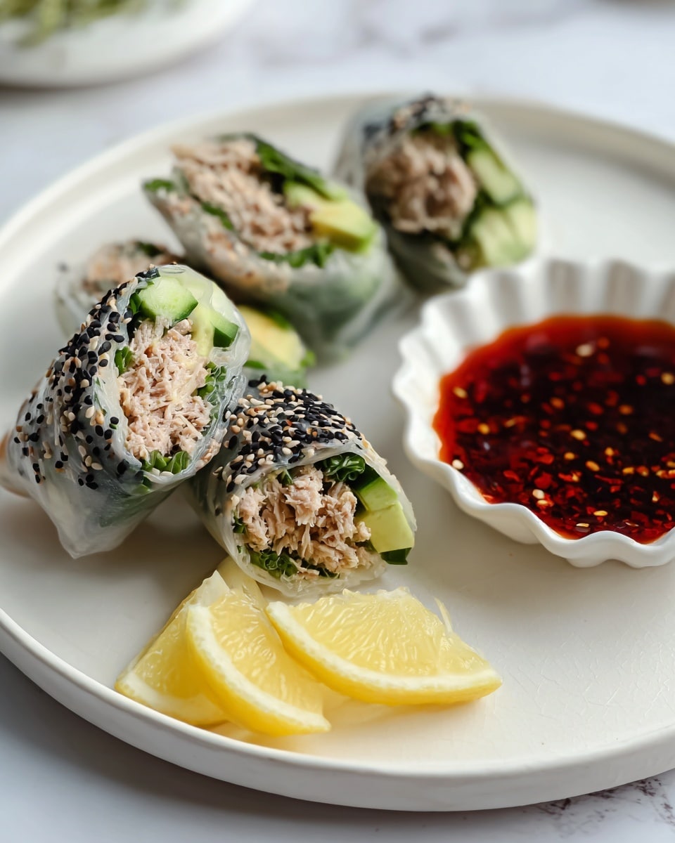 On a white plate with a white marbled texture beneath, there are four rice paper rolls cut in half showing three layers inside: a top layer of light brown shredded tuna mixed with herbs, a middle layer of dark green cucumber pieces, and a bottom layer of light green avocado slices, all wrapped in translucent rice paper sprinkled with black and white sesame seeds on the outside. Next to the rolls, two thin yellow lemon slices are placed. Beside them is a small white scalloped bowl filled with a shiny dark red chili sauce with visible chili flakes. The image is bright and clear with a soft focused background, photo taken with an iphone --ar 4:5 --v 7