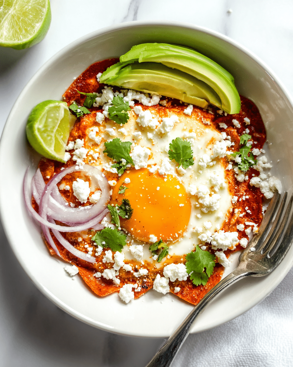 The dish is served in a white bowl on a white marbled surface. At the bottom, there are red chips covered in a red sauce forming the first layer. On top of that rests a sunny-side-up egg with a bright yellow yolk and slightly crispy white edges, sprinkled with crumbled white cheese and small green cilantro leaves scattered around. Thin slices of red onion are placed on and around the egg. To the side, there are three light green avocado slices and a lime wedge is positioned near the edge of the bowl. A fork rests against the side of the bowl. Photo taken with an iphone --ar 4:5 --v 7
