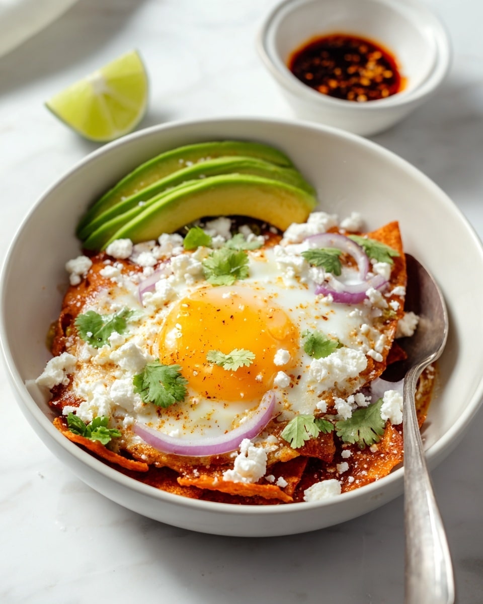 A white bowl holds a layered dish starting with a base of red tortilla chips covered in red sauce, topped by a sunny side up fried egg with a bright yellow yolk and white edges that have a slightly crispy texture. On top of the egg and chips are crumbled white cheese, thin slices of purple onion, and small green cilantro leaves scattered around. On one side of the egg, there are three smooth, light green avocado slices neatly stacked, and a lime wedge behind the egg adds a light green contrast. A spoon rests on the right edge of the bowl, and in the background, a small white bowl with chili oil sits on a white marbled surface. photo taken with an iphone --ar 4:5 --v 7
