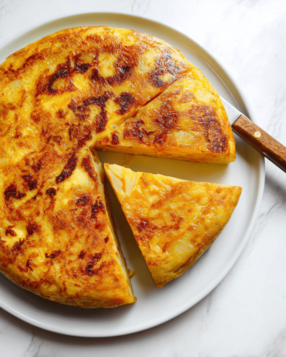 A round, golden-brown Spanish omelette sits on a white plate on a white marbled surface. The omelette shows a top layer with a crispy, browned texture with some darker spots from cooking, with one thick triangular slice cut out and slightly pulled away showing a soft, yellow, and slightly moist inside with visible pieces of cooked potato throughout. A knife with a wooden handle rests on top of the whole omelette, positioned diagonally. The light highlights the omelette’s rich texture and color, making it appear warm and freshly cooked. Photo taken with an iphone --ar 4:5 --v 7