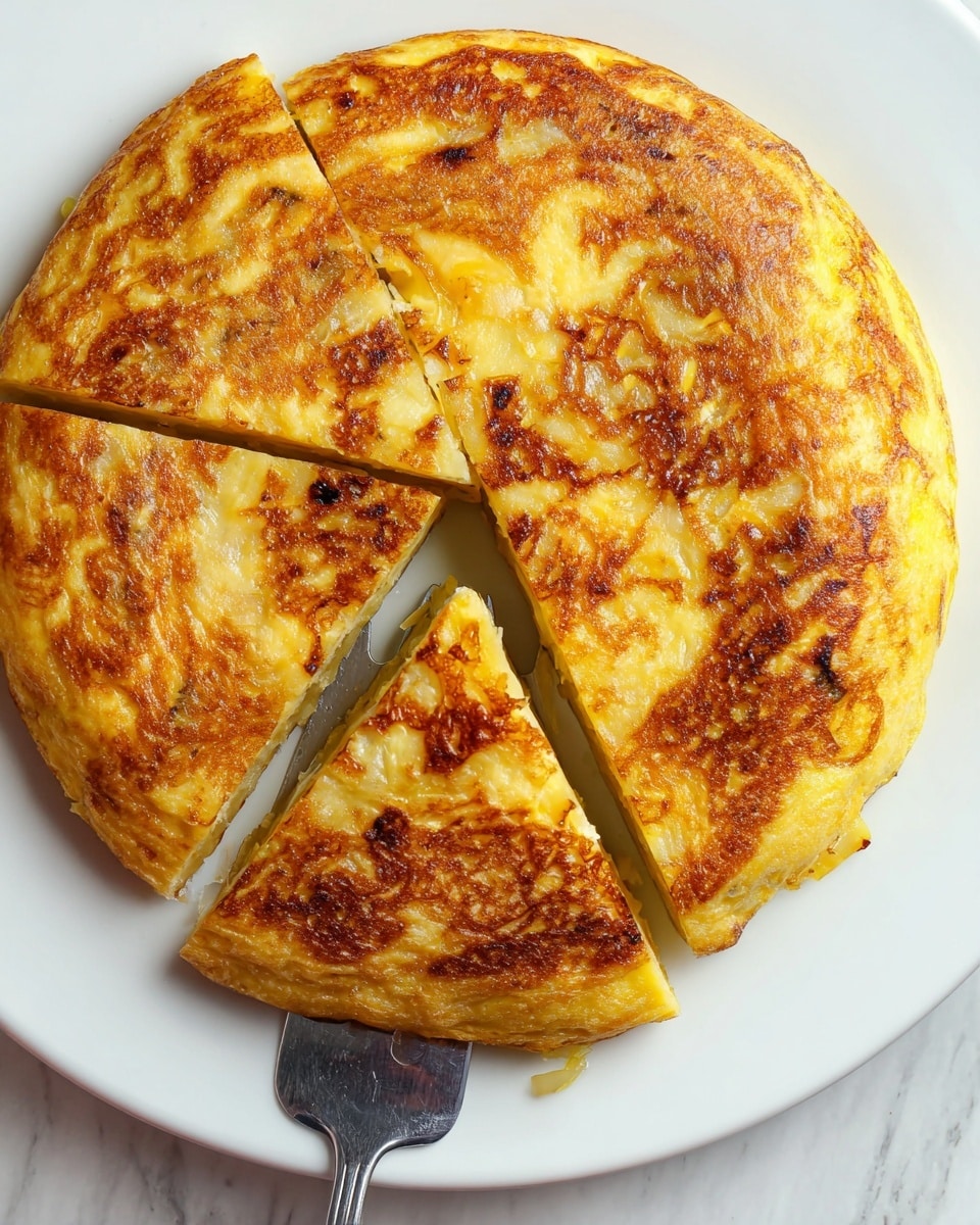 A round Spanish omelette is shown on a white plate with five visible slices; the top layer is golden brown with lightly crisped edges and a slightly uneven surface, showing some browned spots and small pieces of cooked potatoes and onions inside. The omelette appears thick and firm with a yellow, creamy interior. A silver spatula is lifting one slice near the bottom left of the plate. The dish is placed on a white marbled surface. photo taken with an iphone --ar 4:5 --v 7