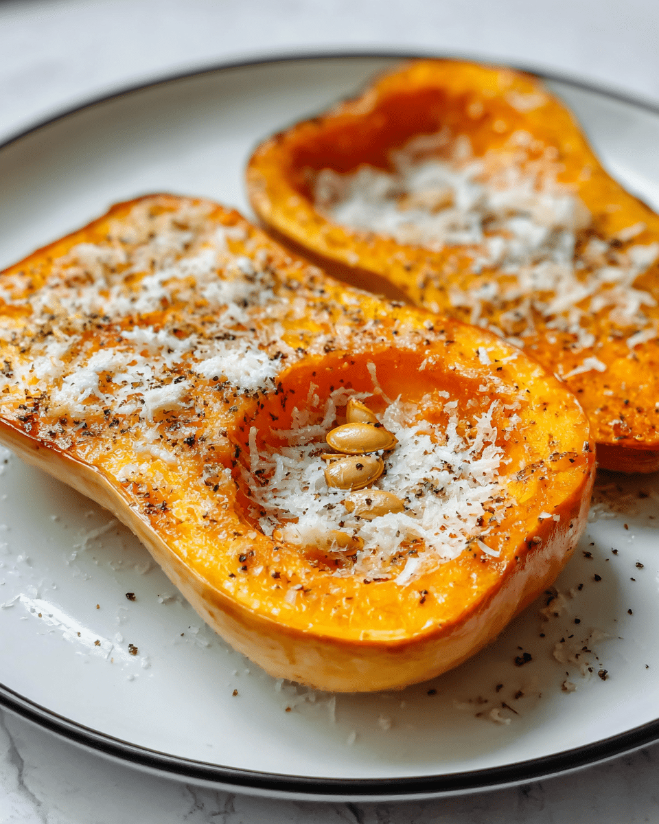 The image shows two slices of roasted butternut squash on a white plate with a black rim, placed on a white marbled texture. Each slice has a golden-brown roasted surface with a soft, creamy orange interior visible. The slice in the foreground features a whole roasted butternut squash seed covered with finely grated white cheese, sprinkled with cracked black pepper, while the slices themselves are also lightly covered with the same cheese. The texture of the squash looks tender and slightly caramelized on the edges. The light highlights the smoothness and slight gloss of the squash and cheese. Photo taken with an iphone --ar 4:5 --v 7