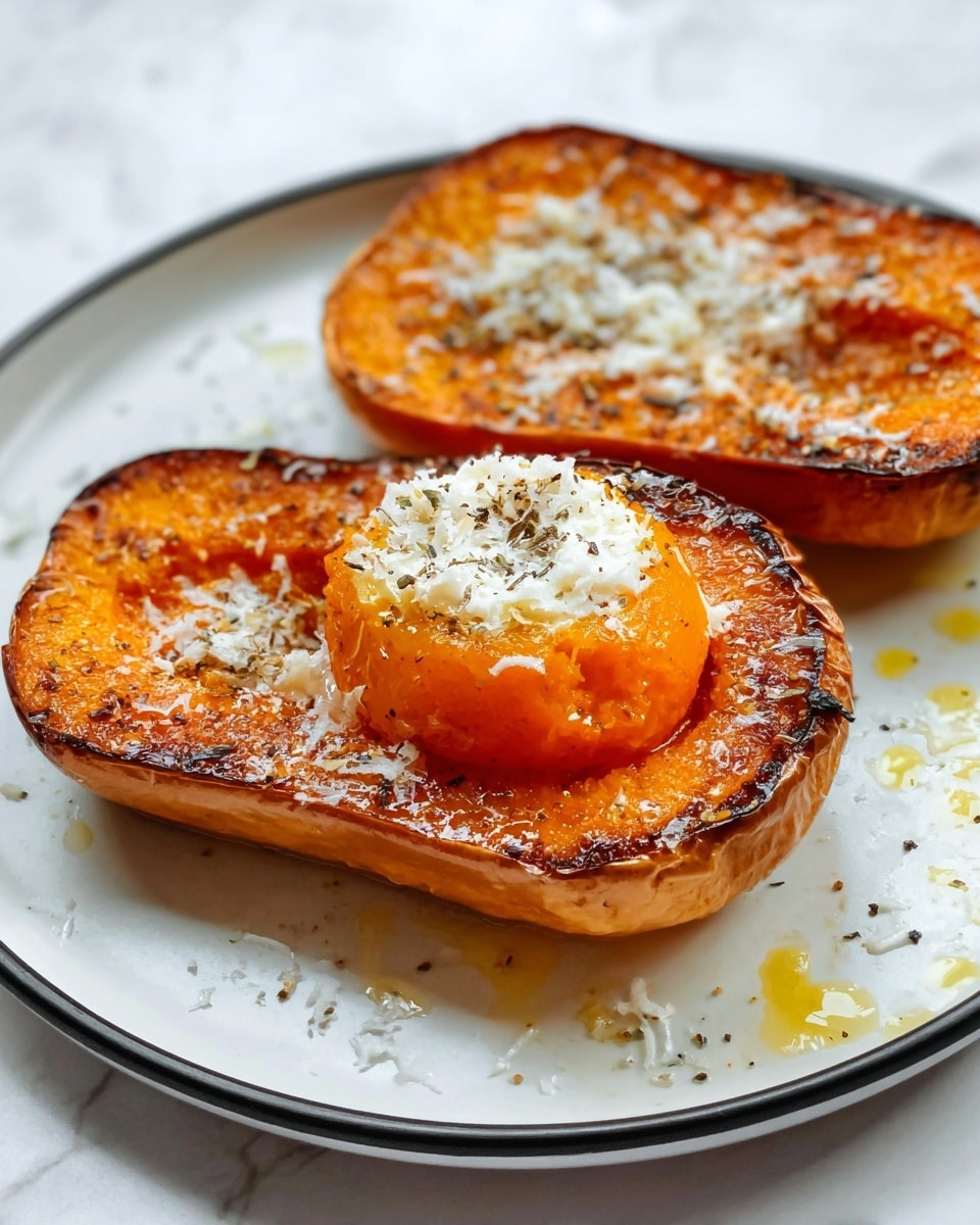 Two thick slices of roasted butternut squash sit on a white plate with a black rim, placed on a white marbled surface. Each slice is golden brown on top with crisp edges and a tender, creamy inside. On the front slice, a bright orange roasted squash ball rests in the middle, topped with finely grated white cheese and black pepper, adding a soft, snowy texture. The back slice shows a similar topping but without the squash ball in the center. The plate has small spots of olive oil and cheese around the slices. photo taken with an iphone --ar 4:5 --v 7