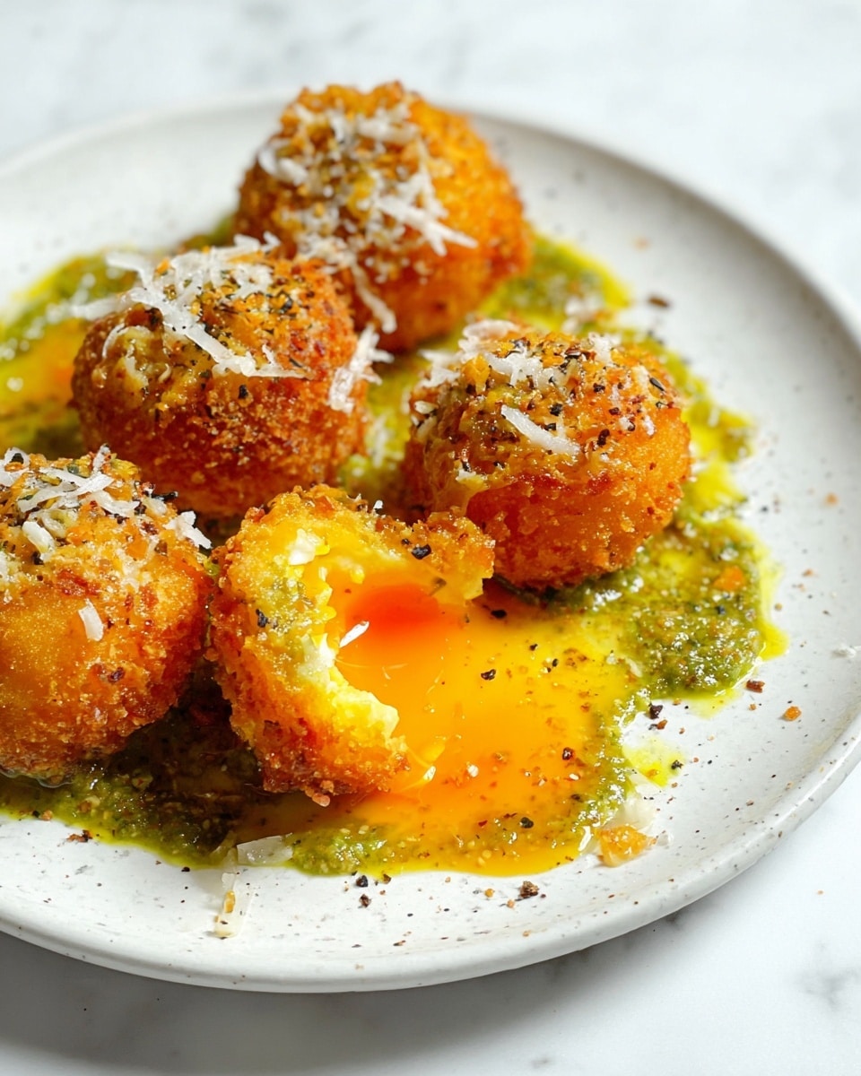 The image shows four round, golden-brown fried croquettes with a crispy breaded texture on top, each sprinkled with small white cheese shreds and black pepper. One croquette in the foreground is cut open, revealing a soft, bright orange yolk that is slightly oozing out. The croquettes are placed on a large white plate, spread unevenly on a textured base of green sauce with a slightly chunky, oily appearance. The plate sits on a white marbled surface that adds a clean and bright contrast to the colors of the food. Photo taken with an iphone --ar 4:5 --v 7