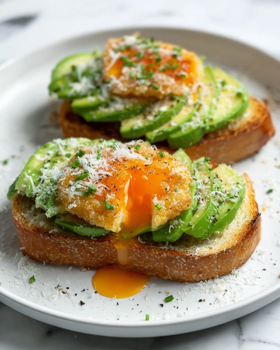 Two slices of toasted bread sit on a white plate with a white marbled surface beneath. Each slice is topped with a layer of bright green sliced avocado arranged neatly. On top of the avocado, there is a crispy golden breaded egg yolk with a slightly runny, bright orange center dripping onto the bread and plate. The dish is finished with a light sprinkle of grated white cheese and small green chives, with some black pepper scattered around. The photo is taken close-up, showing the creamy texture of the avocado and the crispiness of the toast and yolk. photo taken with an iphone --ar 4:5 --v 7