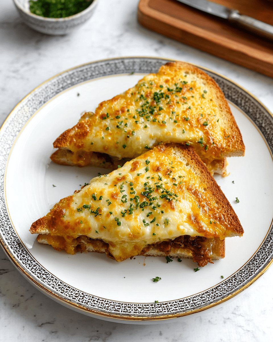 Two triangular sandwiches sit on a white plate with a patterned gold and black rim, each sandwich showing three main layers: a light toasted bread base, a middle filling that is slightly visible with a darker color hinting at meat or sauce, and a thick top layer of melted golden-brown cheese that is bubbly and slightly browned on edges. The sandwiches are garnished with finely chopped green herbs scattered on the cheese top, adding contrast and freshness. The plate is placed on a white marbled textured surface, with a wooden board and a small bowl of green herbs partially visible in the background. Photo taken with an iphone --ar 4:5 --v 7