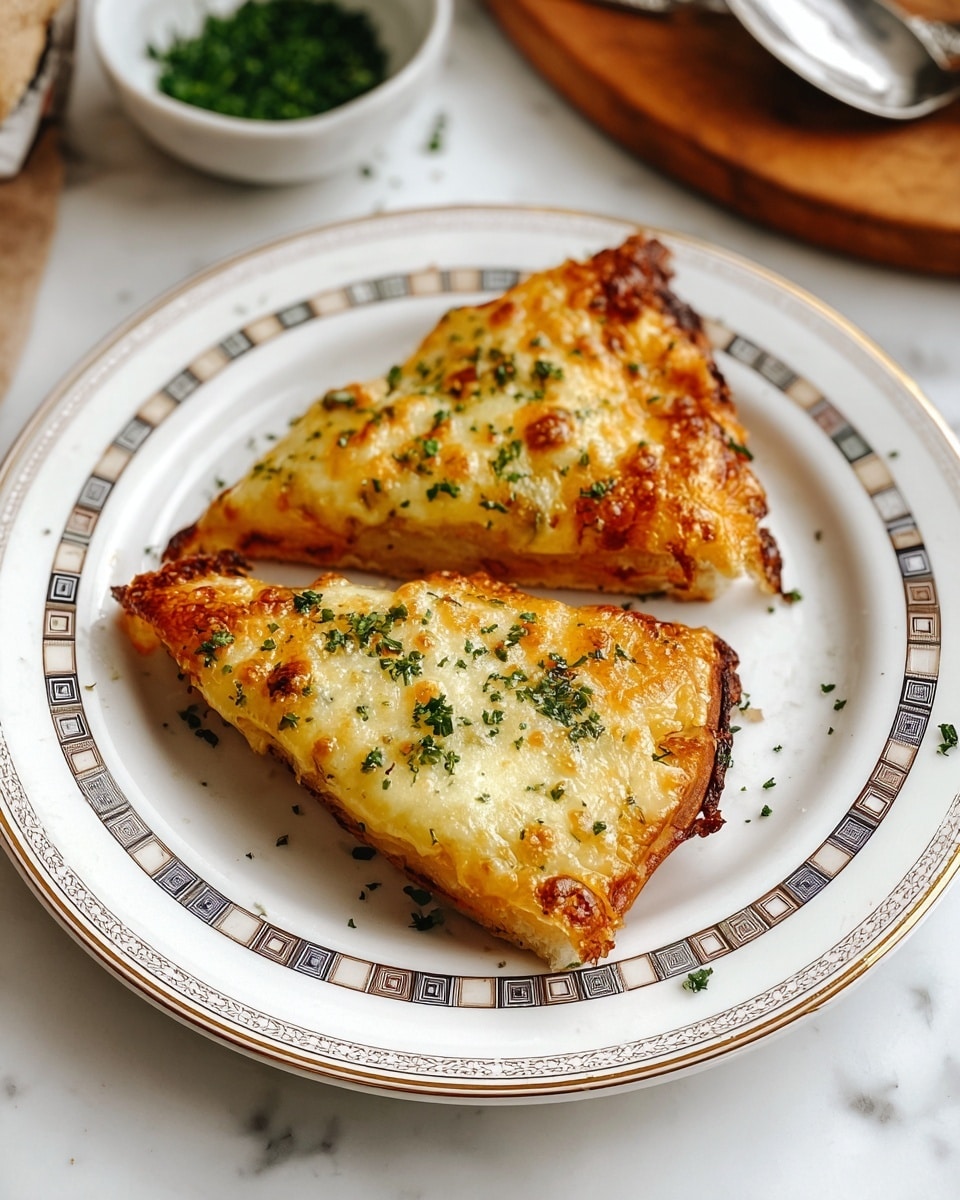 Two triangular slices of baked dish are placed on a white plate with a decorative border of small beige, brown, black, and white square patterns. Each slice has a thick top layer of golden-brown melted cheese that looks bubbly and slightly crispy on edges, sprinkled evenly with small chopped green herbs. The crust underneath is visible slightly at the corners, showing a browned texture. The plate rests on a white marbled surface, with a blurred bowl of green herbs in the background and part of a wooden board and silver spoon also visible. photo taken with an iphone --ar 4:5 --v 7