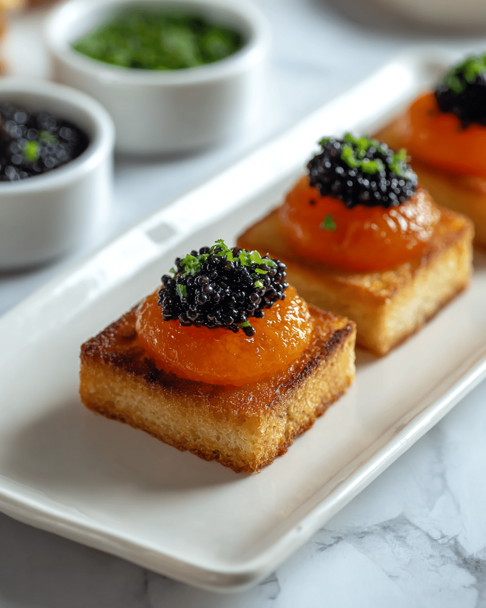 Three small square pieces of toasted bread in a row on a white tray. Each piece has a bright orange, glossy round topping resembling a smooth jelly or gel, placed in the center. On top of the orange layer, there is a small mound of shiny black caviar and tiny green chopped herbs, adding texture and color contrast. The background surface is a white marbled texture with blurred elements of small white bowls containing more black caviar and green chopped herbs in the distance. Photo taken with an iphone --ar 4:5 --v 7