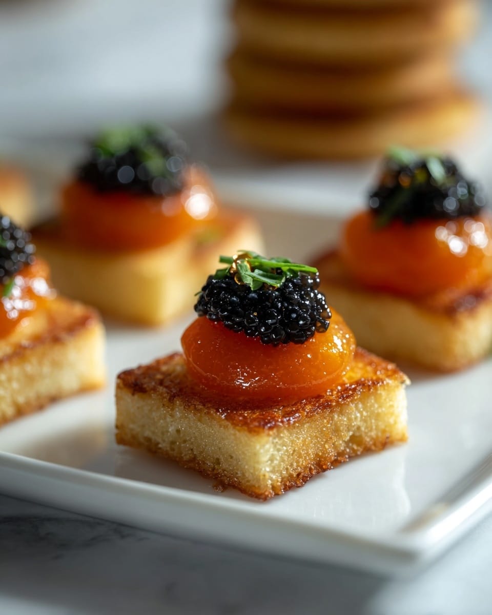 The image shows a close-up of small bite-sized appetizers arranged on a white rectangular plate placed on a white marbled surface. Each piece has three layers: the bottom layer is a golden-brown crispy toasted square slice of bread with a slightly rough texture; on top of that rests a smooth, glossy, bright orange layer shaped like a small dome; the uppermost layer is a small mound of shiny black caviar with tiny, round beads garnished with finely chopped green herbs. In the background, more pieces and a blurred stack of similar appetizers can be seen. The lighting highlights the glossiness of the orange dome and the delicate texture of the caviar. photo taken with an iphone --ar 4:5 --v 7