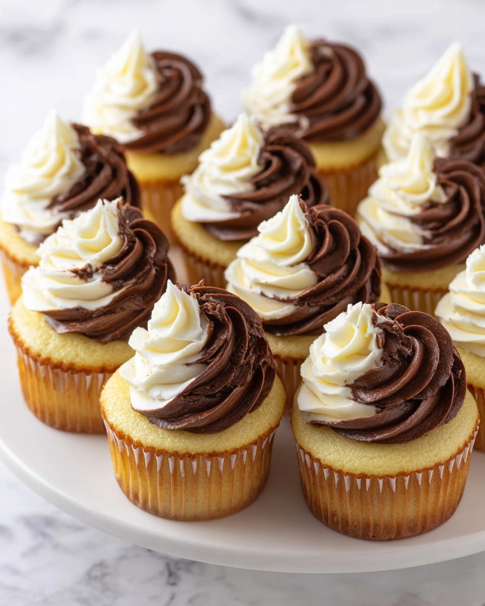 The image shows nine cupcakes arranged closely on a white plate set on a white marbled surface. Each cupcake has a golden-yellow base with brown paper liners. The top is decorated with two-toned swirled frosting; one side of the swirl is dark brown chocolate frosting, and the other side is white vanilla frosting. The frosting is piped in a soft, smooth, and thick spiral pattern that rises to a small peak at the center. The cupcakes are evenly spaced, with the focus on the front row, showcasing the rich texture of the frosting and the light color of the cake beneath. photo taken with an iphone --ar 4:5 --v 7